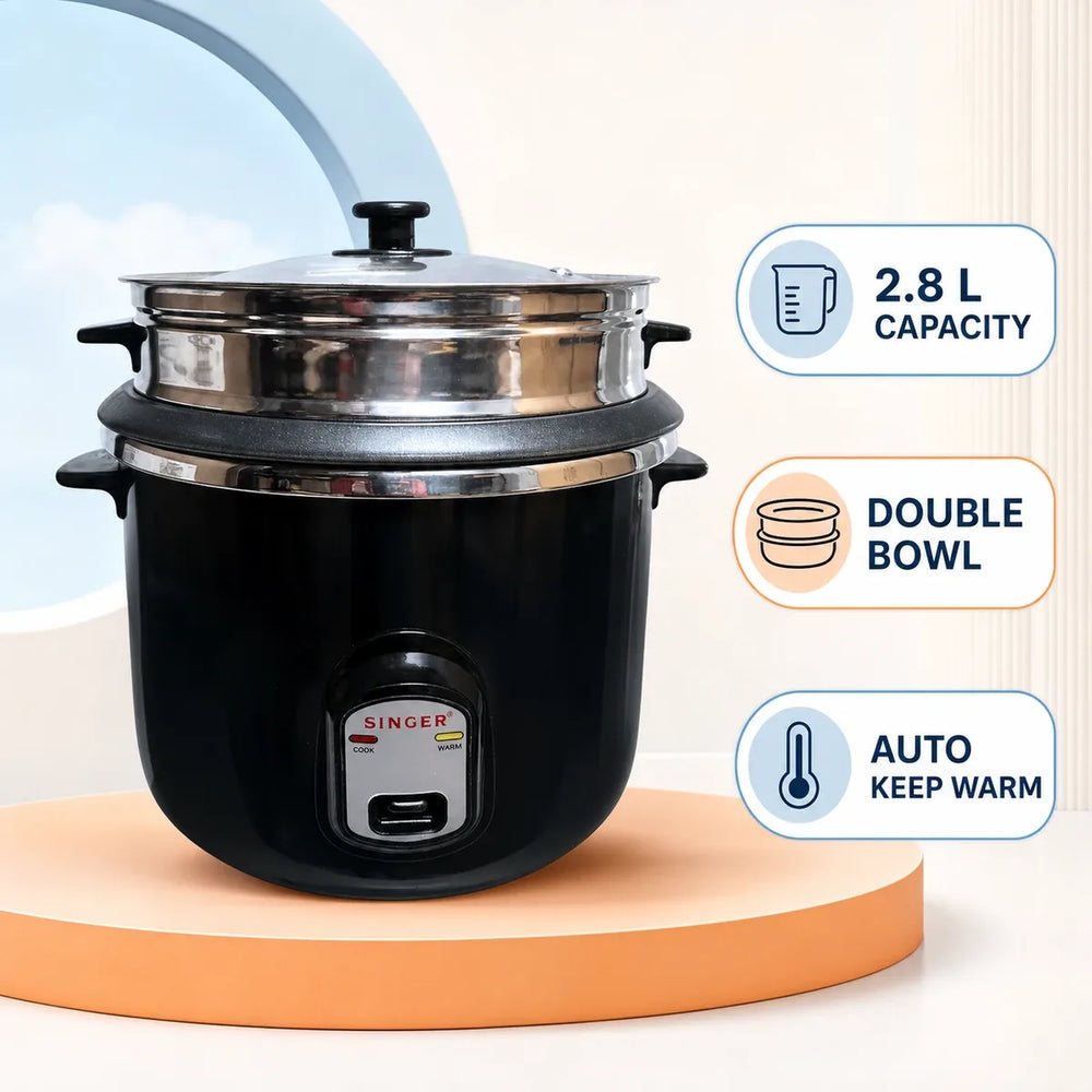 Singer Deluxe Black 2.8L Rice Cooker with Double Bowl