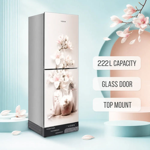 Vision Glass Door Refrigerator RE-222 Liter Vase W Magnolia Flower Top Mount