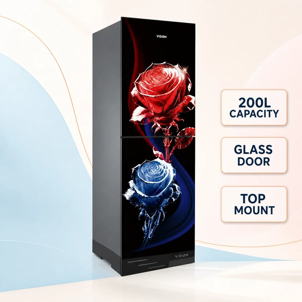 Vision Glass Door Refrigerator RE-200 Liter Crystal Rose Flower Top Mount