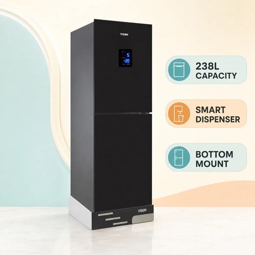 Vision Glass Door Smart Dispenser Refrigerator RE-238 Liter Black Bottom Mount